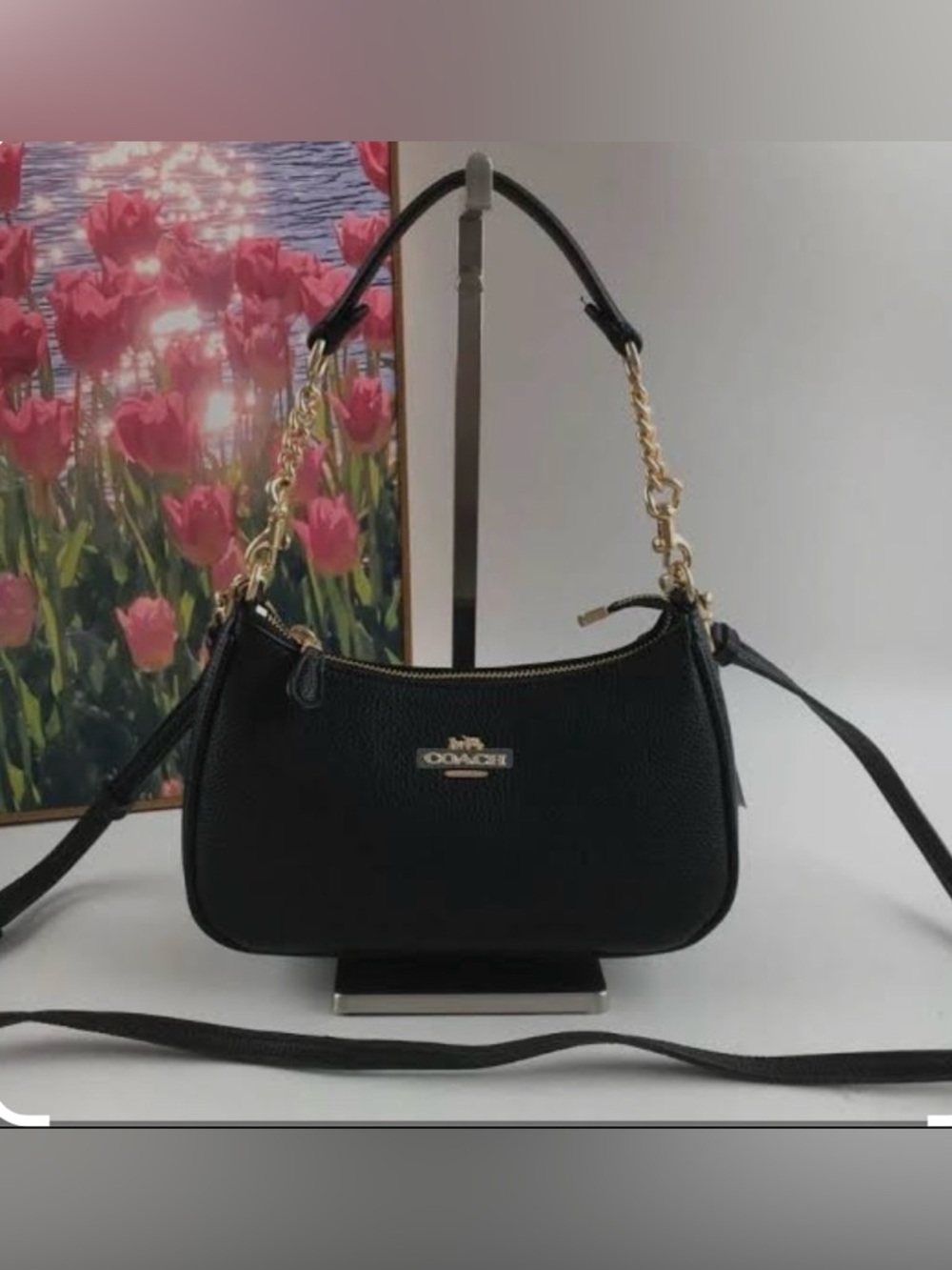 Coach Teri CA209 Black Pebbled Leather Shoulder Bag with Gold Chain